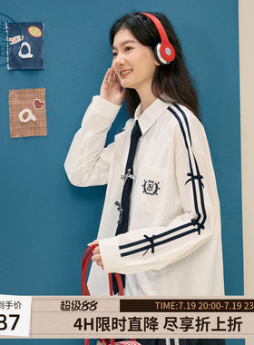 紫涵复古学院风领带装饰长袖衬衫女蝴蝶结设计感刺绣徽章春季衬衣