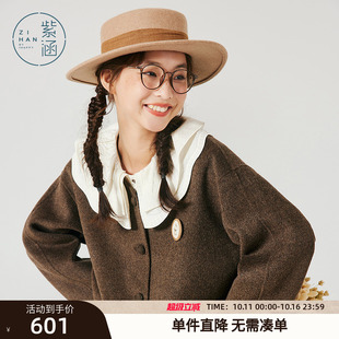 简洁气质休闲单排扣毛呢外套 新款 紫涵V领短款 双面毛呢大衣女冬季