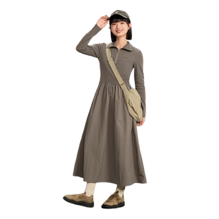 紫涵拉链POLO领长袖连衣裙女秋季新款通勤休闲收腰拼接长款A字裙