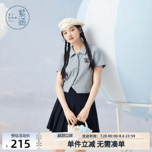紫涵学院风POLO领短袖 T恤女夏季 新款 甜美休闲百搭斜门襟针织小衫