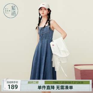 紫涵牛仔吊带连衣裙女夏季新款复古蝴蝶结蓝色纯棉修身显瘦a字裙