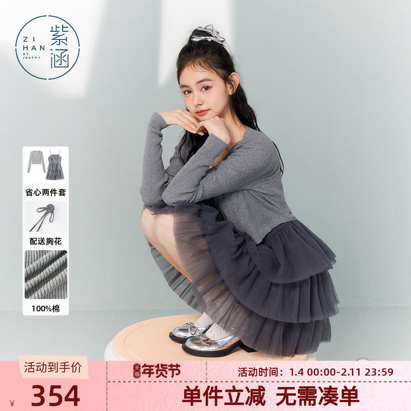 紫涵长袖针织开衫吊带连衣裙套装女秋季新款休闲网纱短裙子两件套