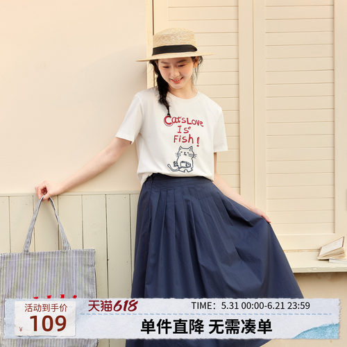 紫涵凉感猫咪印花白色圆领T恤女士夏季新款休闲百搭宽松短袖上衣
