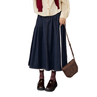 紫涵复古深牛仔蓝半身裙女秋季新款高腰显瘦通勤休闲中长款A字裙