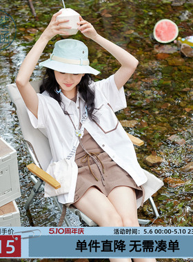 紫涵竖条纹短袖衬衫女士夏季新款美式户外风休闲百搭宽松白色上衣