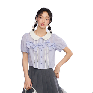 紫涵短款镂空翻领衬衫女夏季新款甜美减龄休闲显瘦设计感短袖衬衣