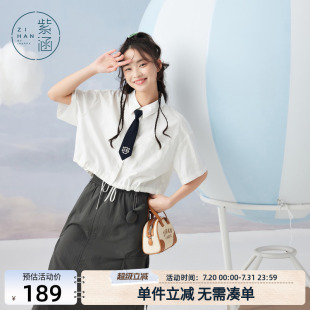 短款 女夏季 紫涵两穿式 衬衫 衬衣 新款 学院风休闲宽松简约纯棉短袖