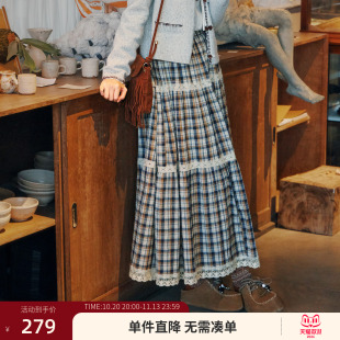 紫涵橘色格纹蕾丝拼接半身裙女春季新款复古波西米亚风宽松a字裙