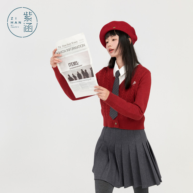 紫涵短款红色v领针织开衫女冬季新款绞花肌理感休闲刺绣毛衣外套,女装/女士精品,毛针织衫,淘宝优惠券,粉丝福利购,淘宝优惠卷