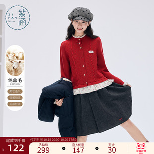 紫涵羊毛红色波点百褶裙女士冬季新款简约高腰显瘦a字五分半身裙