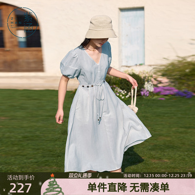 紫涵V领度假风连衣裙2025夏季新款浪漫波嬉风系绳收腰灯笼袖长裙