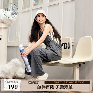 紫涵灰色吊带工装背带裤女士夏季美式复古宽松阔腿连体裤户外穿搭