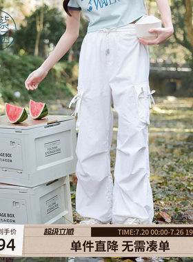 紫涵美式街头户外穿搭白色工装裤女士夏季新款蝴蝶结高腰直筒长裤