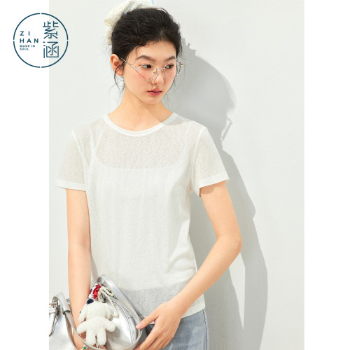【莱赛尔+亚麻】紫涵正肩短袖T恤女2026夏季新款薄透简约基础上衣