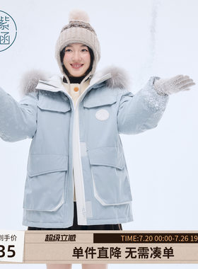 紫涵中长款貉毛连帽羽绒服女士冬季新款户外休闲工装保暖鸭绒外套