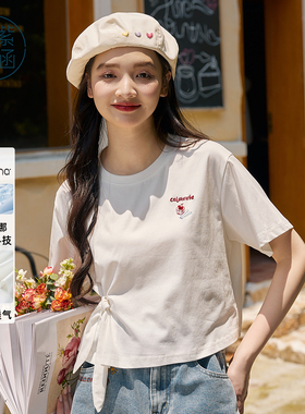 紫涵系带扭结短款T恤女夏季新款时尚设计感正肩白色短袖圆领上衣