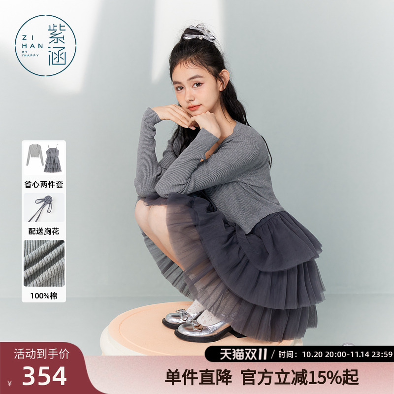 紫涵长袖针织开衫吊带连衣裙套装女秋季新款休闲网纱短裙子两件套