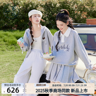 紫涵甜美蕾丝花边polo领印花卫衣百褶短裙两件套装 女2025秋季 新款