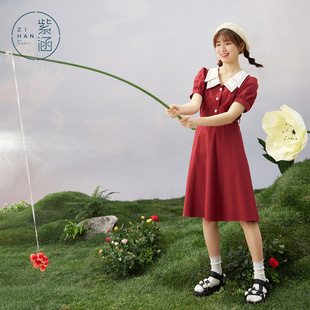 气质收腰撞色双层领长裙泡泡袖 紫涵收腰大摆连衣裙女森系夏季 新款