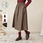 A字裙 休闲美拉德高腰松紧半身裙中长款 紫涵复古PU皮裙女秋季 新款
