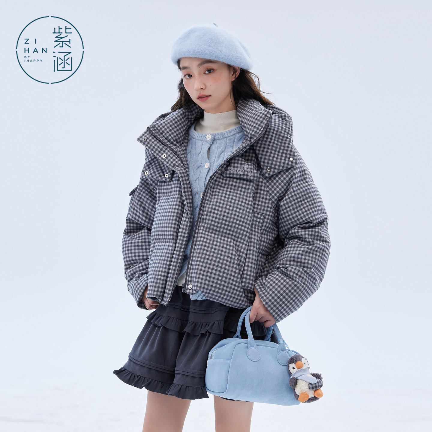 【昕怡粉丝专享】紫涵短款立领连帽羽绒服女冬季韩系鸭绒外套