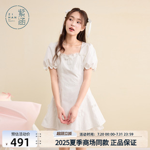 紫涵方领泡泡袖 公主风蕾丝网纱拼接小白裙 连衣裙女2025年夏季 新款