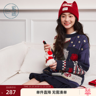 紫涵藏青圆领套头毛衣女士冬季新款撞色拼接贴布刺绣休闲宽松毛衫