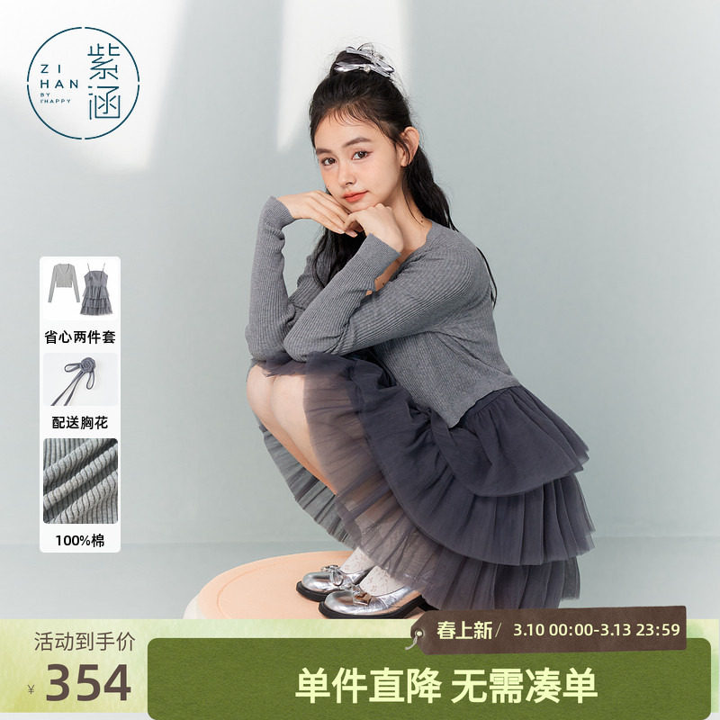 紫涵长袖针织开衫吊带连衣裙套装女秋季新款休闲网纱短裙子两件套