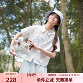 紫涵小鱼贴布刺绣短袖 甜美设计感宽松休闲纯棉上衣 新款 衬衫 女夏季