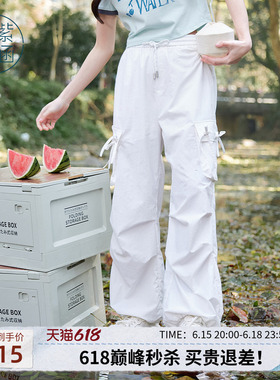 紫涵美式街头户外穿搭白色工装裤女士夏季新款蝴蝶结高腰直筒长裤