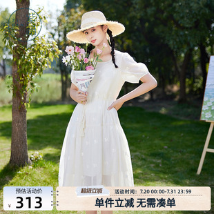 新款 紫涵方领收腰连衣裙夏季 女垂感轻薄清透A字中长裙刺绣度假裙