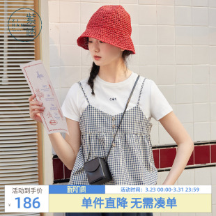 新款 紫涵圆领正肩短袖 女士夏季 内外两件套装 T恤方格纹吊带娃娃衫