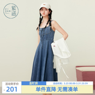 显瘦a字裙 复古蝴蝶结蓝色纯棉修身 紫涵牛仔吊带连衣裙女夏季 新款