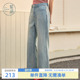 简约做旧蓝色微弹阔腿宽松休闲裤 新款 女士夏季 紫涵高腰直筒牛仔裤