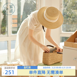 法式 新款 温柔甜美收腰a字裙 连衣裙女士夏季 紫涵米白娃娃领泡泡袖