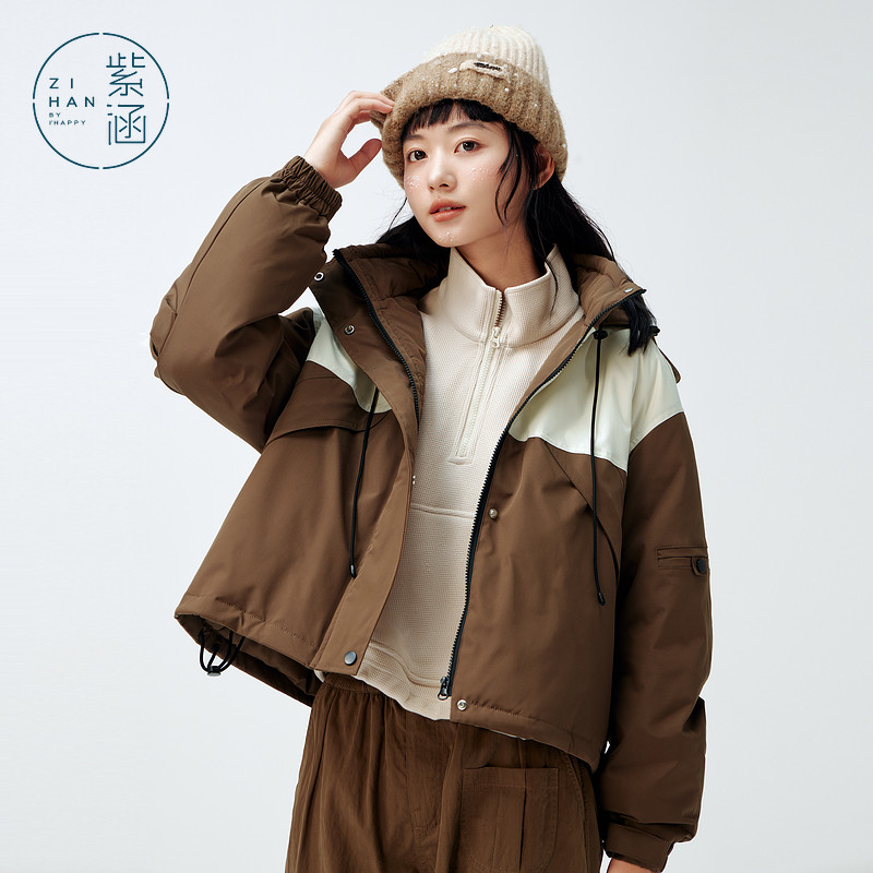 紫涵短款连帽羽绒服外套女冬季新款工装风宽松户外保暖鸭绒面包服