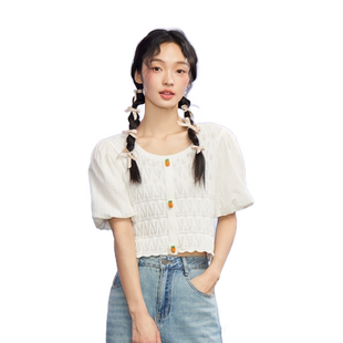 紫涵肌理短袖针织上衣女夏季新款森系休闲甜美镂空泡泡袖短款T恤