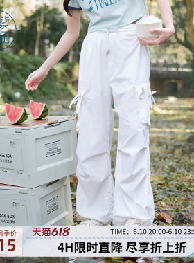 紫涵美式街头户外穿搭白色工装裤女士夏季新款蝴蝶结高腰直筒长裤