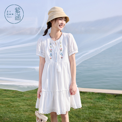 紫涵白色短袖连衣裙女夏季新款度假波嬉米亚风刺绣圆领系绳a字裙