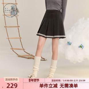 紫涵学院风短款高腰百褶裙女冬季新款甜美蕾丝花边A字短裙子百搭