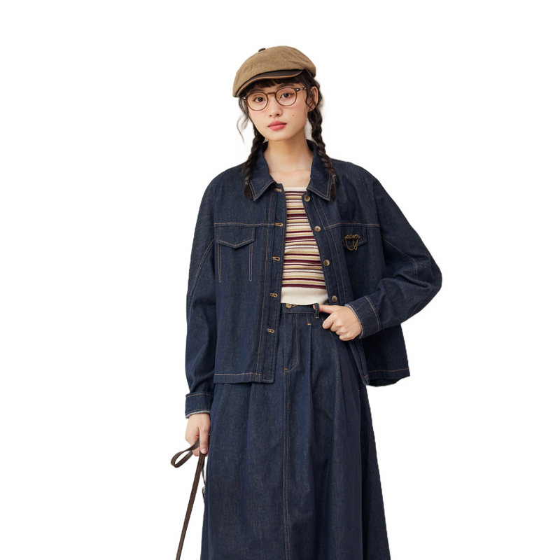 紫涵復(fù)古牛仔襯衫外套女秋季新款寬松時(shí)尚休閑翻領(lǐng)長(zhǎng)袖小個(gè)子上衣