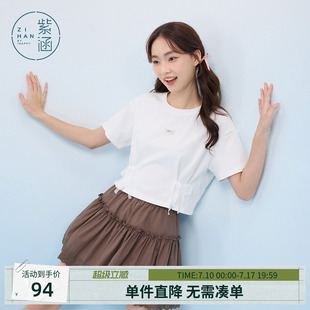 紫涵短款蕾丝蝴蝶结短袖T恤女士夏季新款设计感白色正肩圆领上衣