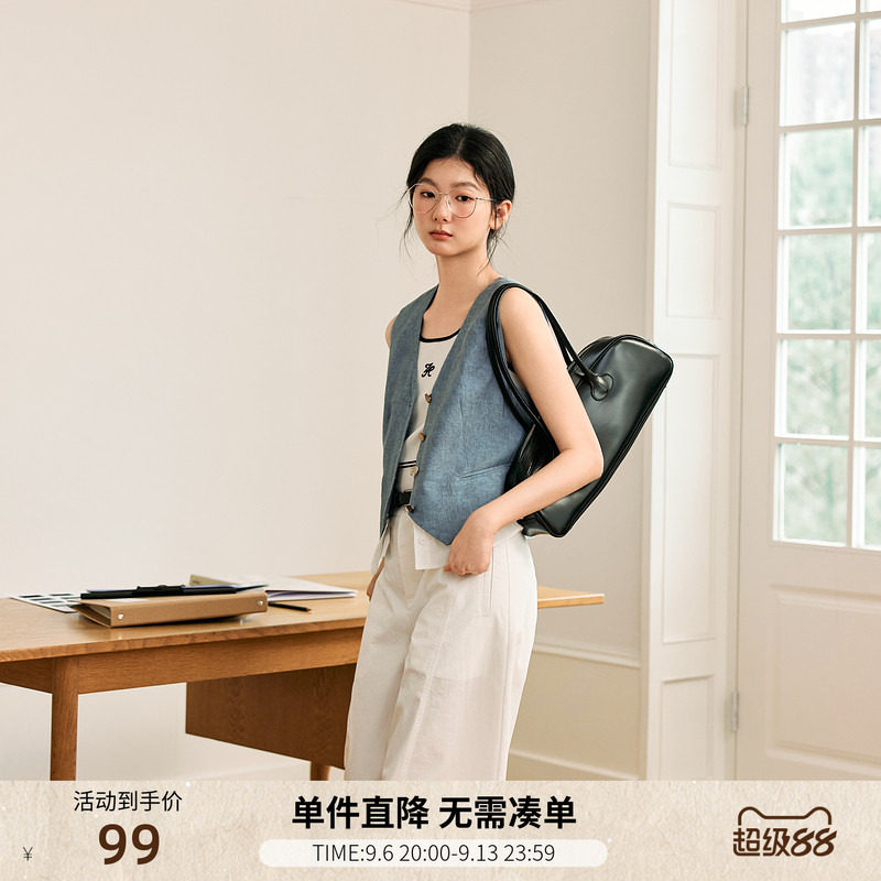 紫涵撞色拼接下摆马甲背心女女夏季新款复古简约通勤叠穿无袖上衣图片