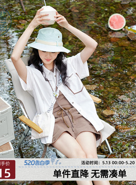 紫涵竖条纹短袖衬衫女士夏季新款美式户外风休闲百搭宽松白色上衣