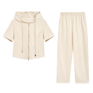 紫涵连帽针织上下衣裤两件套女夏季新款时尚纯色通勤休闲运动套装