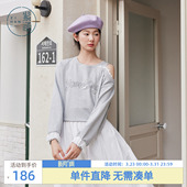 甜美设计感字母印花宽松上衣 新款 紫涵圆领露肩长袖 灰色卫衣女秋季