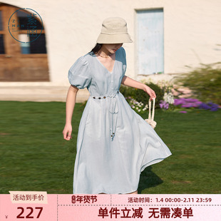 紫涵V领度假风连衣裙夏季新款浪漫波嬉风系绳收腰显瘦灯笼袖长裙