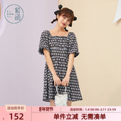 紫涵方领灯笼袖 连衣裙森系夏新款 方领清新散摆连衣裙甜美满印裙子