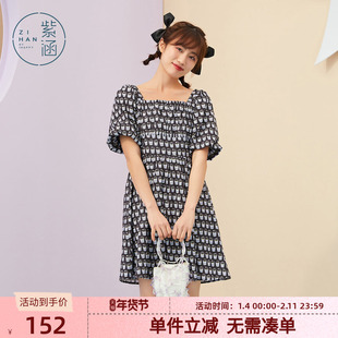 紫涵方领灯笼袖连衣裙森系夏新款方领清新散摆连衣裙甜美满印裙子