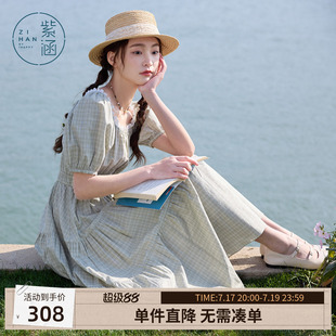 【拾光漫游】紫涵花边方领泡泡袖连衣裙夏季中长款收腰蛋糕裙长裙